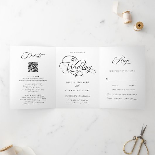 Delicate Elegant Script Trouwen Zwart & Wit Drieluik Uitnodiging (Binnen)