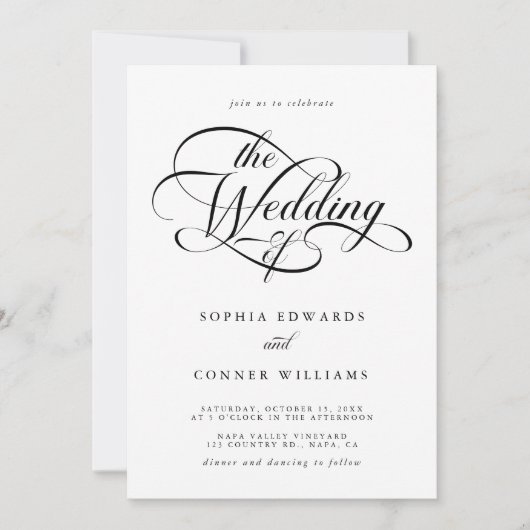 Delicate Elegant Script Trouwen Zwart-wit Kaart (Voorkant)