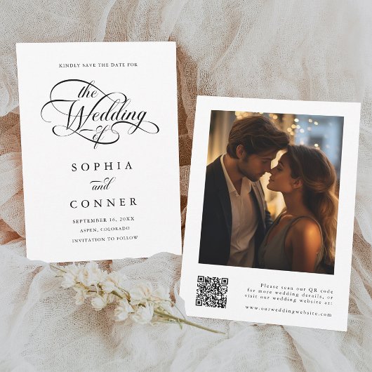 Delicate Elegant Script Trouwfoto QR-code Save The Date