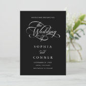 Delicate Elegant Script Trouwfoto Zwart Save The Date (Staand voorkant)