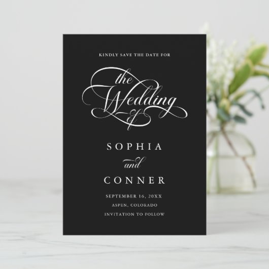 Delicate Elegant Script Trouwfoto Zwart Save The Date (Staand voorkant)