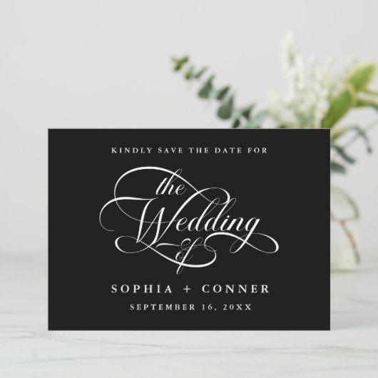 Delicate Elegant Script Trouwfoto Zwart Save The Date (Staand voorkant)