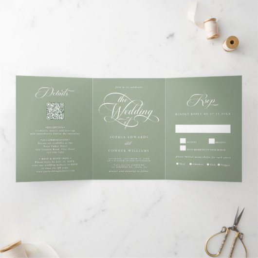 Delicate Elegant Script Wedding Sage Green Drieluik Uitnodiging (Binnen)