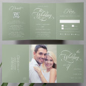 Delicate Elegant Script Wedding Sage Green Drieluik Uitnodiging