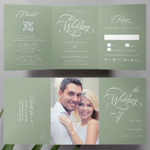 Delicate Elegant Script Wedding Sage Green Drieluik Uitnodiging