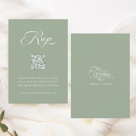 Delicate Elegant Script Wedding Sage Green RSVP Kaartje