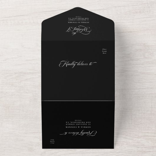 Delicate Elegant Script Wedding Zwart All In One Uitnodiging (Buitenkant)