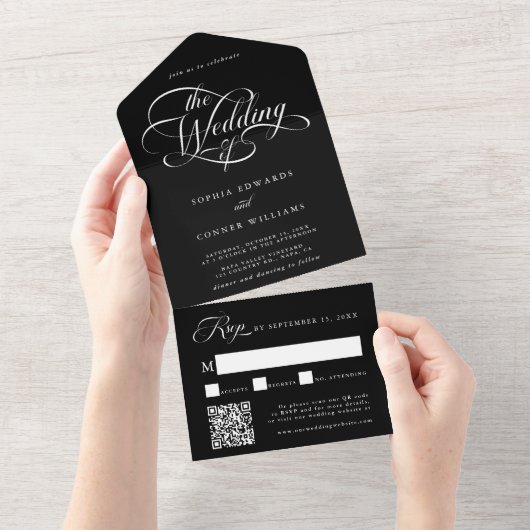 Delicate Elegant Script Wedding Zwart All In One Uitnodiging (Afscheurbaar)