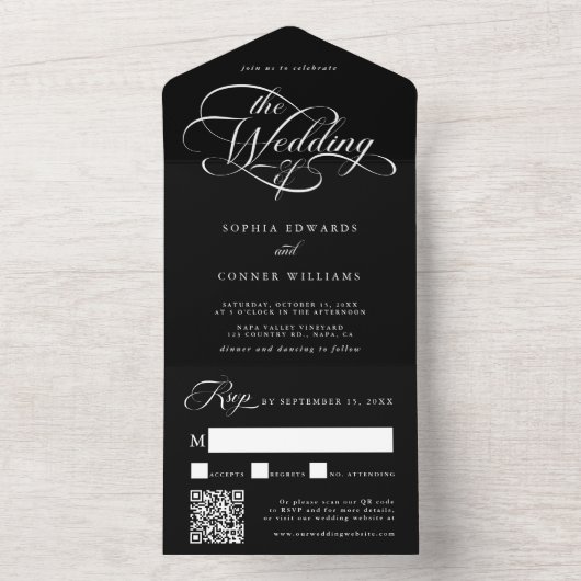 Delicate Elegant Script Wedding Zwart All In One Uitnodiging (Binnen)