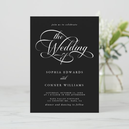 Delicate Elegant Script Wedding Zwart Kaart (Staand voorkant)