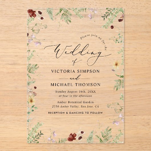 Delicate Elegant Wildflowers Wedding Acryl Uitnodigingen (Voorkant)