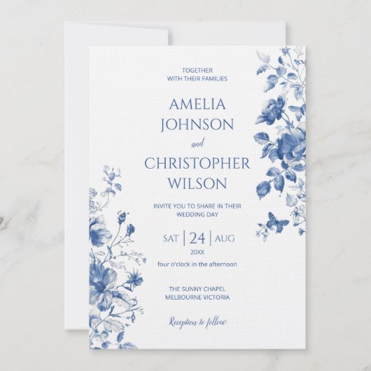 Delicate elegante huwelijksuitnodiging in blauwe k kaart (Voorkant)