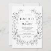 Delicate elegante zwart witte bloemenkrans bruilof kaart (Voorkant)