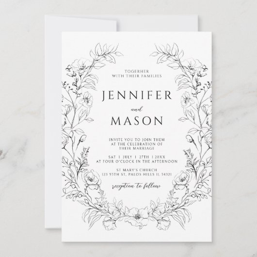 Delicate elegante zwart witte bloemenkrans bruilof kaart (Voorkant)