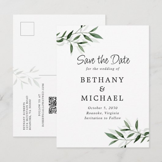 Delicate Eucalyptus Leaves Wedding Save the Date Aankondigingskaart (Voorkant / Achterkant)
