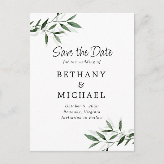 Delicate Eucalyptus Leaves Wedding Save the Date Aankondigingskaart (Voorkant)