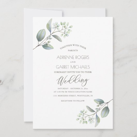 Delicate Eucalyptus Springs White Wedding Kaart (Voorkant)