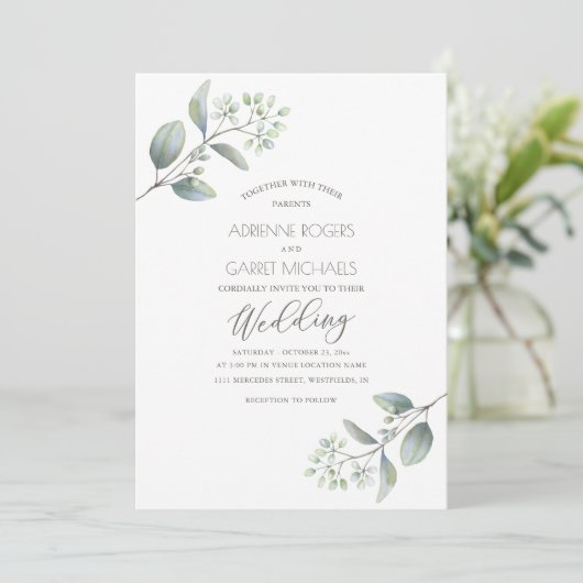 Delicate Eucalyptus Springs White Wedding Kaart (Staand voorkant)