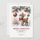 Delicate Fawn Snowy Forest Christmas Greeting Card Feestdagenkaart (Voorkant)