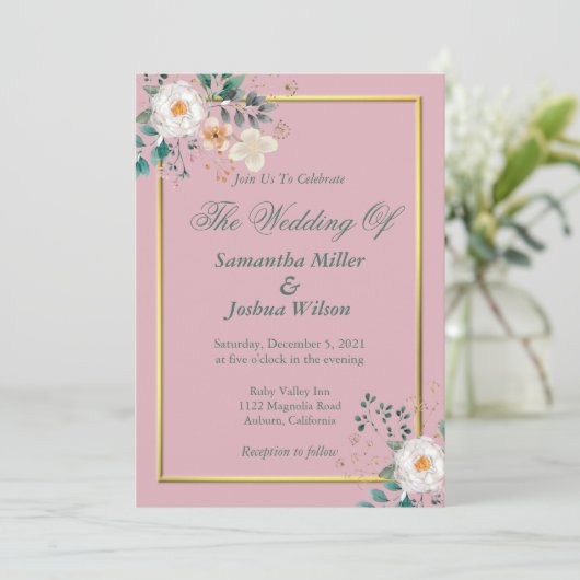 Delicate Floral and Gold Border Invitation Kaart (Staand voorkant)