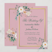 Delicate Floral and Gold Border Invitation Kaart (Voorkant / Achterkant)
