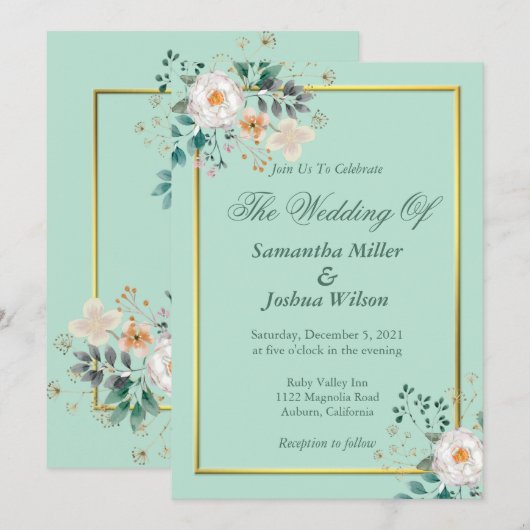 Delicate Floral and Gold Border Invitation Kaart (Voorkant / Achterkant)