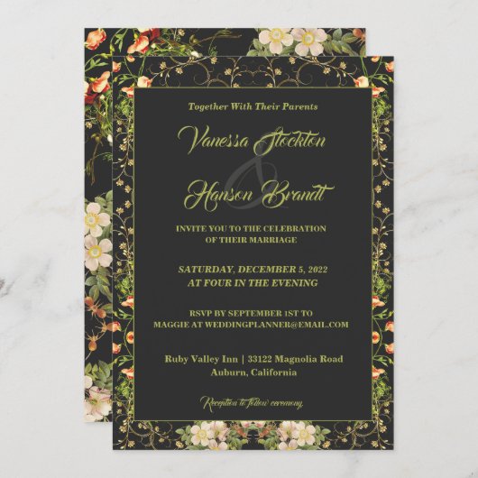 Delicate Floral and Gold Wedding Invitation Kaart (Voorkant / Achterkant)