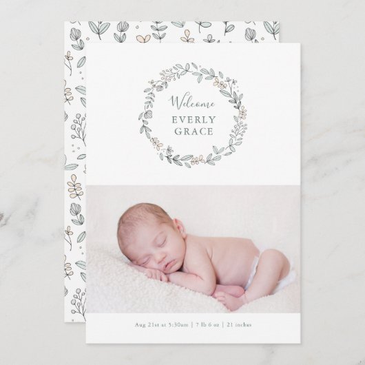 Delicate Floral Birth koninklijk Aankondiging (Voorkant / Achterkant)