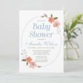 Delicate Floral Blue Baby shower Invitation Kaart (Staand voorkant)