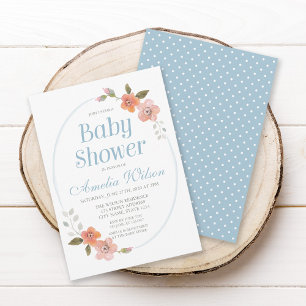 Delicate Floral Blue Baby shower Invitation Kaart