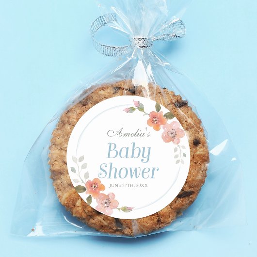 Delicate Floral Blue Baby shower Round Sticker