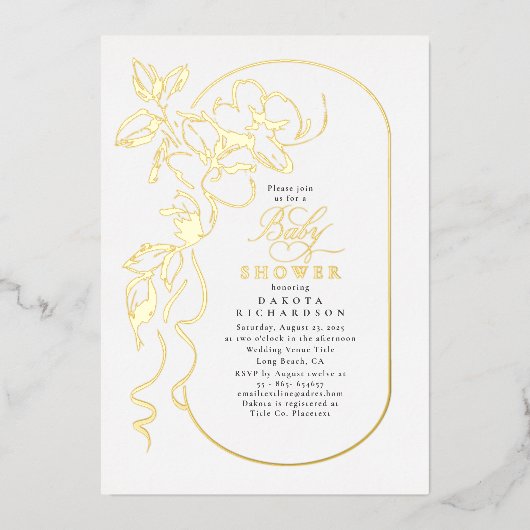 Delicate Floral Elegant Wit Baby shower Goud Folie Uitnodiging (Voorkant)