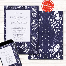 Delicate Floral Frame on Blue Wedding Invitation Kaart