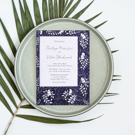 Delicate Floral Frame on Blue Wedding Invitation Kaart
