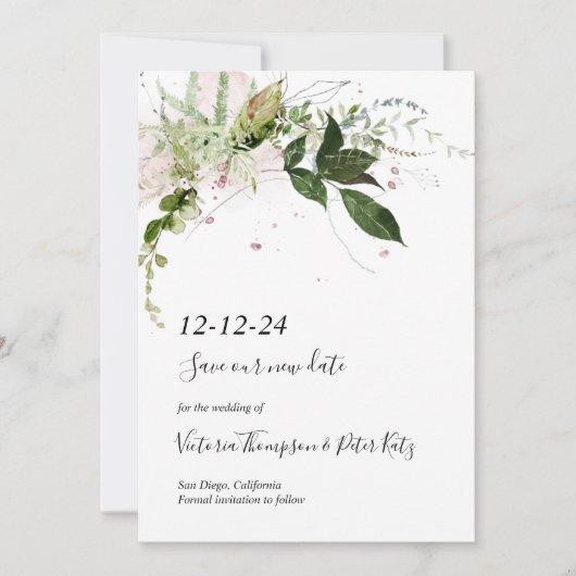Delicate floral Greenery Save the Date Invitation (Voorkant)