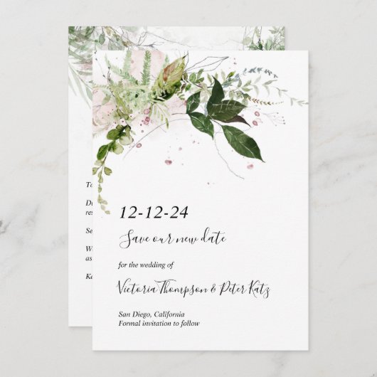 Delicate floral Greenery Save the Date Kaart (Voorkant / Achterkant)