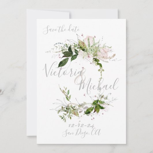 Delicate floral Greenery Save the Date Kaart (Voorkant)