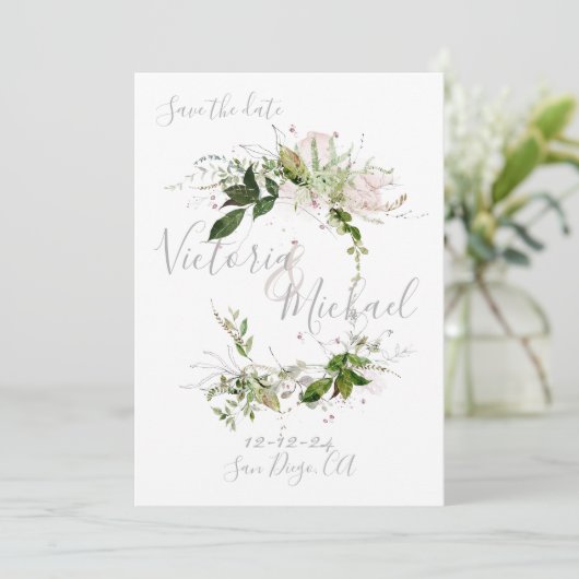 Delicate floral Greenery Save the Date Kaart (Staand voorkant)