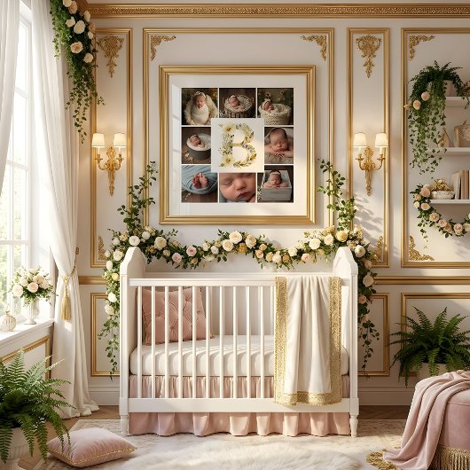 Delicate Floral Initial B 8-Photos Collage Newborn Poster