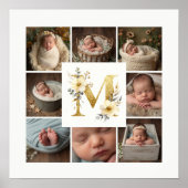 Delicate Floral Initial M 8-Photos Collage Newborn Poster (Voorkant)