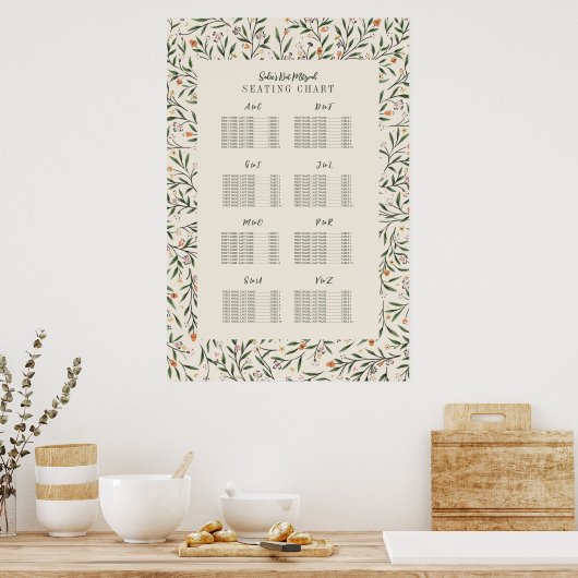 Delicate Floral Lijst Zitkaart op achternaam Poster (Keuken)
