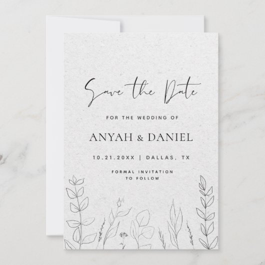 Delicate Floral Line Art Black White Kraft Save The Date (Voorkant)