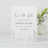 Delicate Floral Line Art Black White Kraft Save The Date (Staand voorkant)