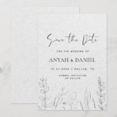 Delicate Floral Line Art Black White Kraft Save The Date (Voorkant / Achterkant)