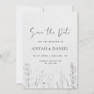 Delicate Floral Line Art Black White Kraft Save The Date