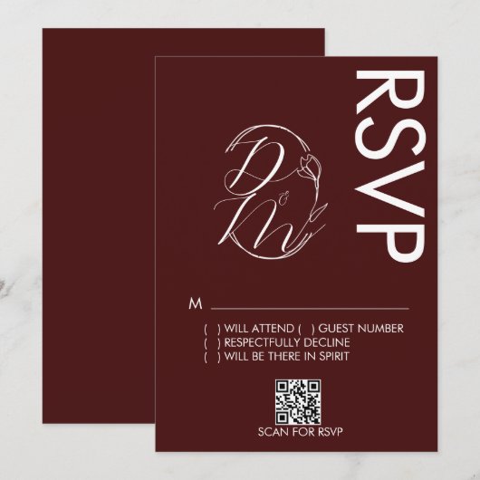 Delicate Floral Logo Wedding Burgundy RSVP Card Kaart (Voorkant / Achterkant)