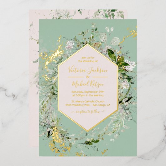 Delicate Floral Meadow Wedding Folie Uitnodiging (Voorkant / Achterkant)