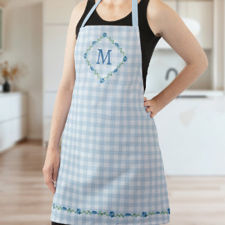 Delicate Floral Monogram Blue Gingham Cottagecore Schort