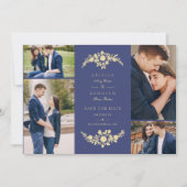 Delicate Floral Navy Blue & Gold 4 Photos Collage Save The Date (Voorkant)