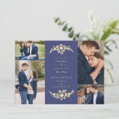 Delicate Floral Navy Blue & Gold 4 Photos Collage Save The Date (Staand voorkant)